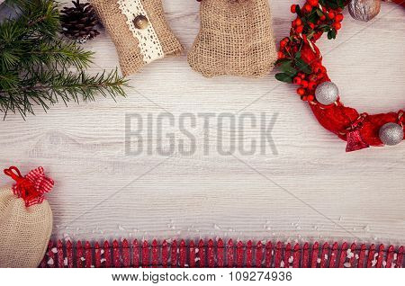 Christmas background on wooden table and copy space