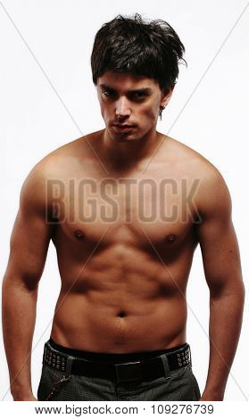 Muscular man torso of fashion model. Man isolated on white