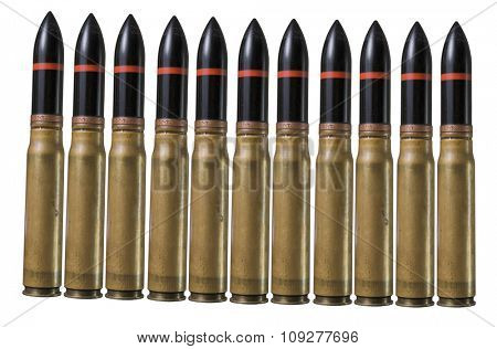 Many big bullets in pistol bullet formation. War concept