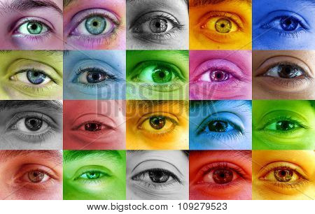 Multi color human eye concept. Many different color eyes from various people