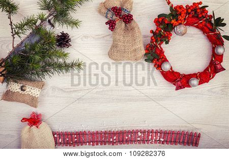 Christmas background on wooden table and copy space