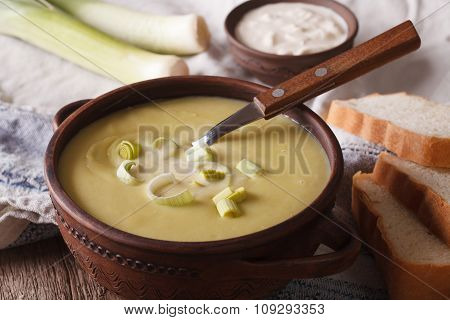 Vichyssoise Soup With Sour Cream Close-up On The Table. Horizontal