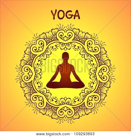 Yoga icons and round line badges, vector graphic design elements floral ornament mehendi in outline