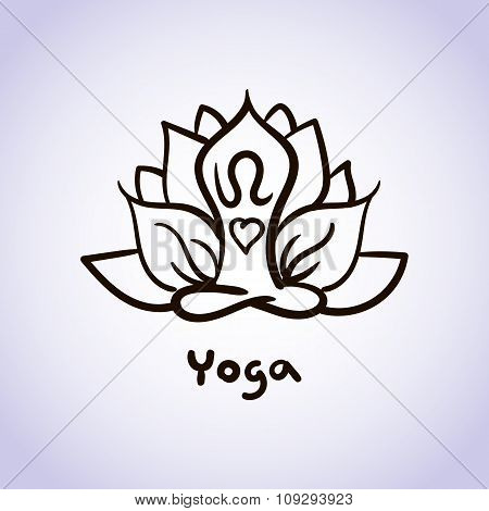 Yoga lotus position, meditation, mindfulness, zen. Vector Linear girl in a circular floral ornament