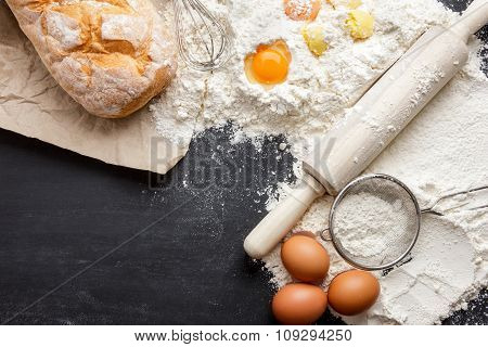 Rustic Bread With Egg, Flour, Steiner And Rolling Pin