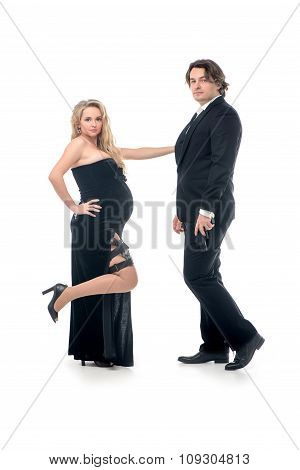 Pregnant fashion woman and husband in gangsta style