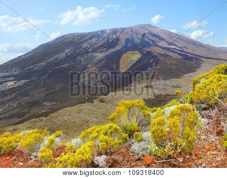 Piton de la Fournaise (Peak of the Furnace) 2632m is a shield volcano on the eastern side of Reunion island in the Indian Ocean. It is currently one of the most active volcanoes in the world.