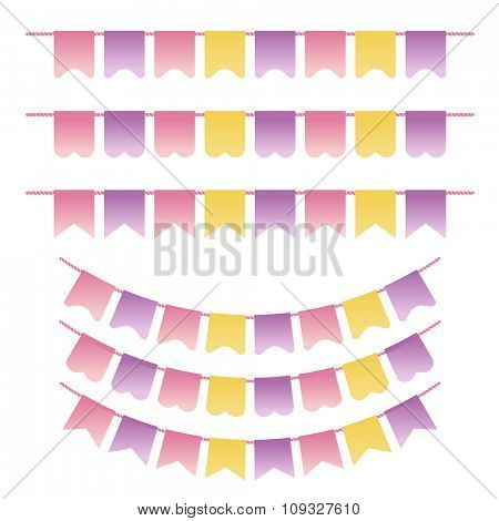 Bunting set pastel violet, yellow  and pink colors. Can be used for scrapbook, greeting  cards, baby shower  and web design. Vintage flags design elements. Vector illustration