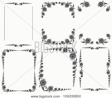 Set  Frames. Corner. Flower Pattern. Template Tattoos.
