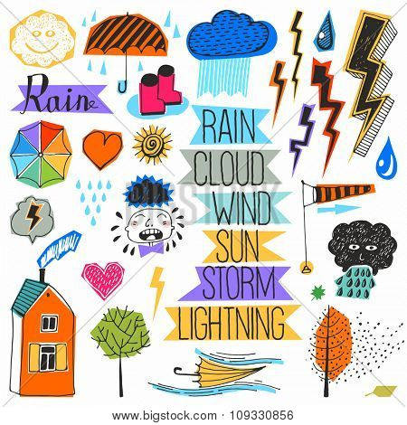Doodle set - Bad weather, rain. color pictures.