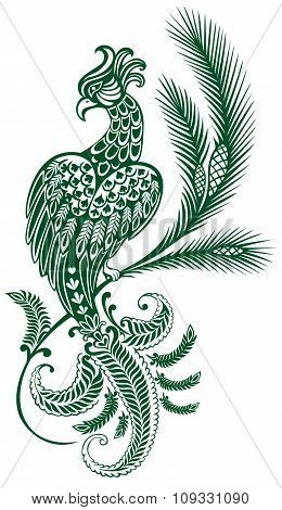 tattoo. Ornamental bird on a branch of a pine. pattern. tattoo.