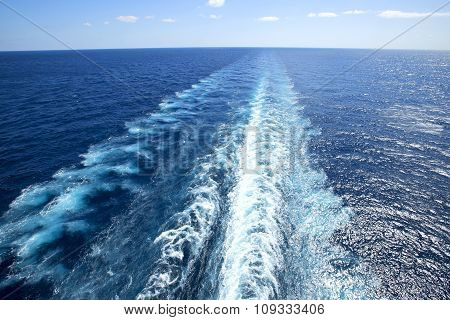 Trail On Water Surface Behind Of Cruise Ship.