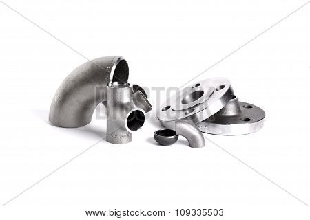 Steel welding fittings and connectors. Elbow, flanges and tee.