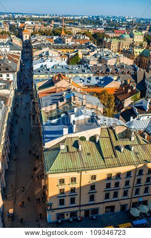 Aerial view on Florianska street in Krakow