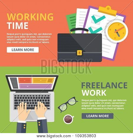 Working time, freelance work flat illustration concept set. Top view, front view web banners