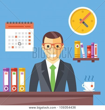 Office worker at work. Happy smiling man sitting at the desktop. Flat vector illustration