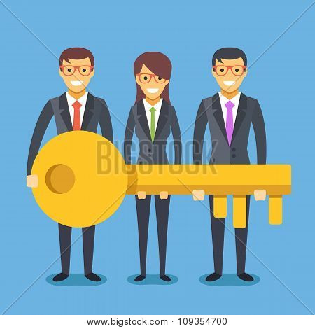 People in suit with key. Successful teamwork concept. Flat vector illustration