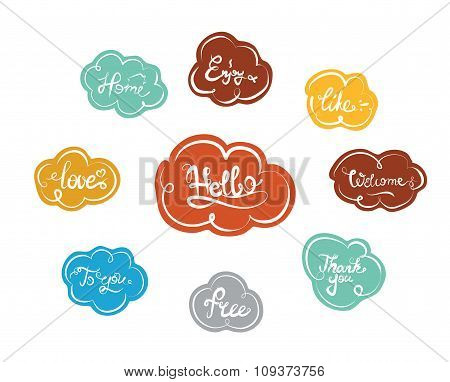 Hand drawn elegant catchwords in clouds for your design. Thank you, Free, Hello, Welcome, Enjoy, Hom