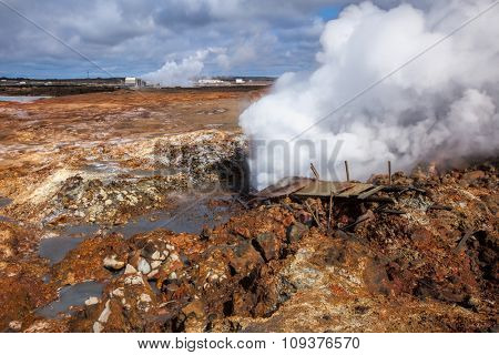 Damaged broadwalk near steaming fumarole at  Gunnuhver geothermal area  in the southwest part of the Reykjanes Peninsula of Iceland