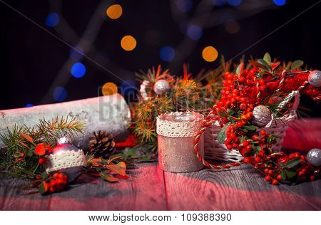 Christmas background on wooden table and copy space, bokeh in the background