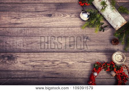 Christmas background on wooden table and copy space
