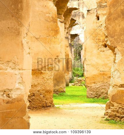Old Moroccan Granary In The Green Grass And Archway  Wall