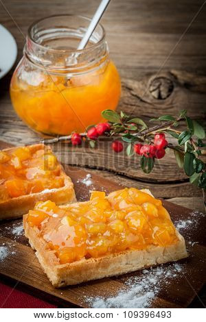 Waffles With Peach Jam.