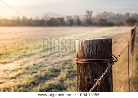 Sunrise On A Frosty Meadow And Fence Pole In South Africa