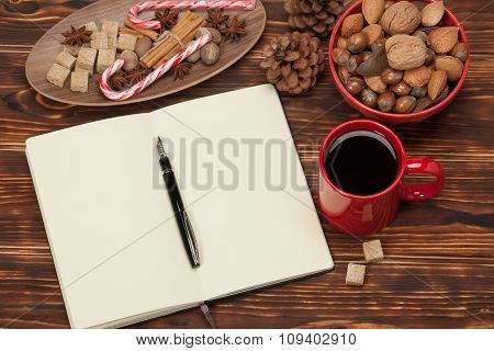 Blank Open Notepad. Cup Of Coffee. Wooden Background