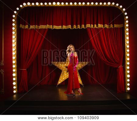 Retro Singer Sing Holding Vintage Microphone