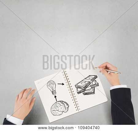 Businessman hands drawing money making formula in notepad