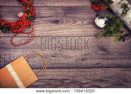 Christmas background on wooden table and copy space