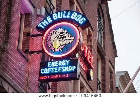 AMSTERDAM-APRIL 27: Amsterdam Bulldog coffeeshop sign-board in red-light district on April 272015 the Netherlands.