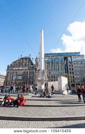 AMSTERDAM-APRIL 27: The National Monument on Dam Square during King's Day on April 27 2015 the Netherlands. The National Monument is a monument in memory of the fallen in the Second World War.