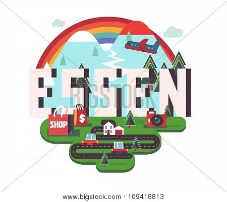 Essen in germany is Beautiful city to visit on holiday, vector cartoon illustration