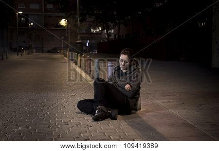 Young Sad Woman Sitting On Street Ground At Night Alone Desperate Suffering Depression Left Abandone