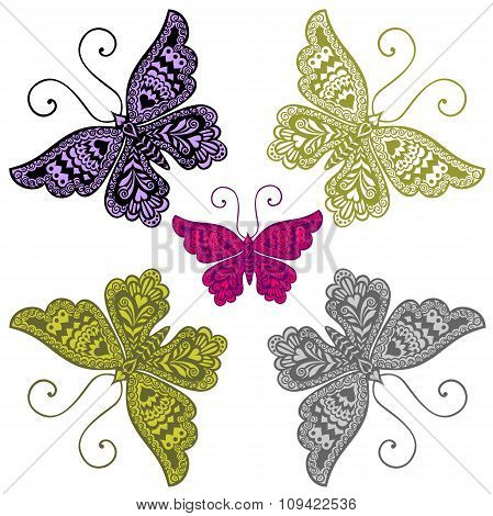 Five multi-colored butterflies.pattern.tattoo