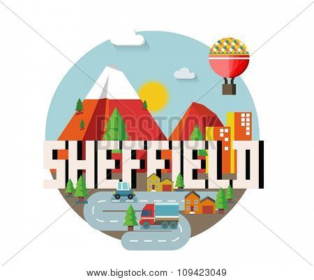 Sheffield in England is Beautiful city to visit on holiday, vector cartoon illustration