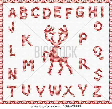 Christmas Knitted Font with Deer in red color. Vector illustration. Christmas concept for banner, placard, billboard or web site. New Year retro greeting card and background. Image for invitation 