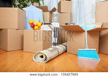 Moving boxes in new apartment. Real estate concept.