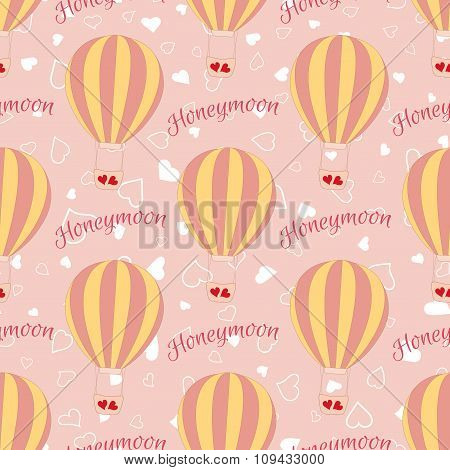 Vector wedding balloon with red hearts seamless pattern.