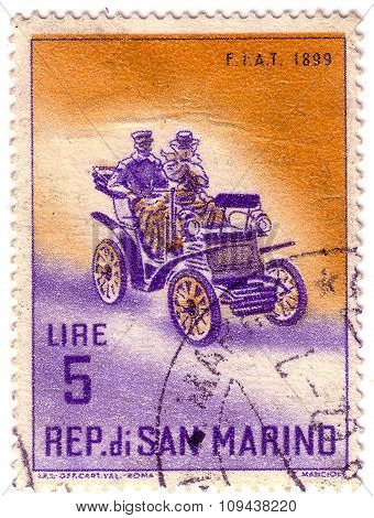 San Marino - Circa 1961: Stamp Printed By San Marino, Shows Old Fiat Auto, Circa 1961.