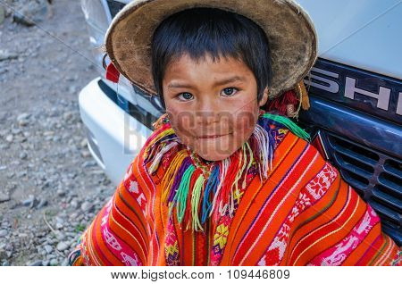 Quechua Boy In A Village In The Andes, Ollantaytambo, Peru