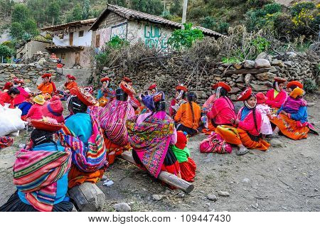 Quechua Women Working In A Village In The Andes, Ollantaytambo, Peru
