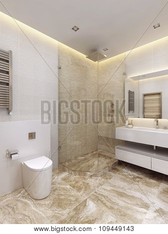The Bathroom Is In A Minimalist Style.