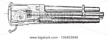 Longitudinal section of the Hotchkiss gun-revolver mechanism, vintage engraved illustration. Industrial encyclopedia E.-O. Lami - 1875.