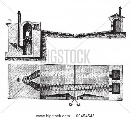 Four Almaden for the extraction of mercury, vintage engraved illustration. Industrial encyclopedia E.-O. Lami - 1875.