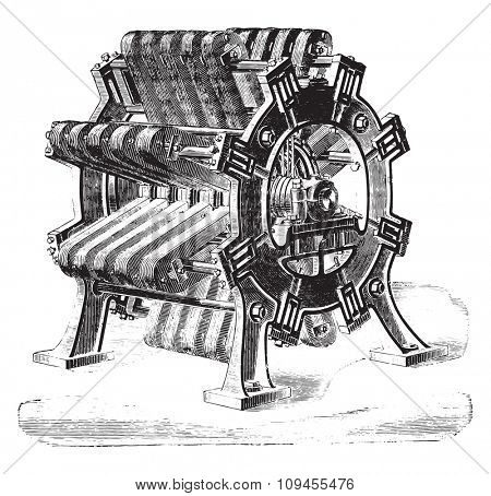 Great magneto-electric machine for headlights, Mr de Meritens, vintage engraved illustration. Industrial encyclopedia E.-O. Lami - 1875.
