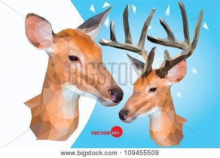 Two deer, male and female wild animals,head with horns reindeer, figure in the polygon graphics