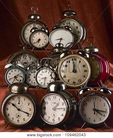 collection of vintage alarm clocks